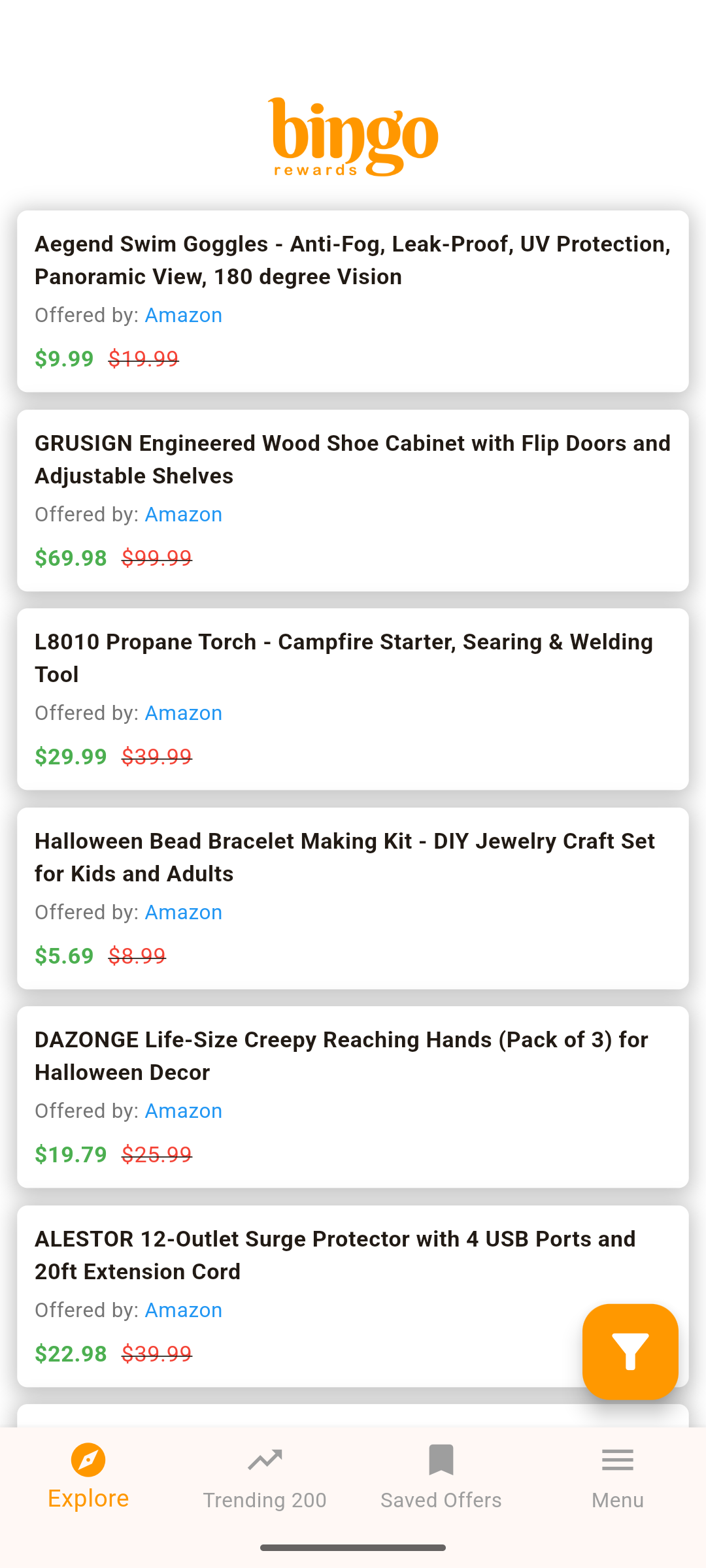Bingo Rewards app showing trending deals
